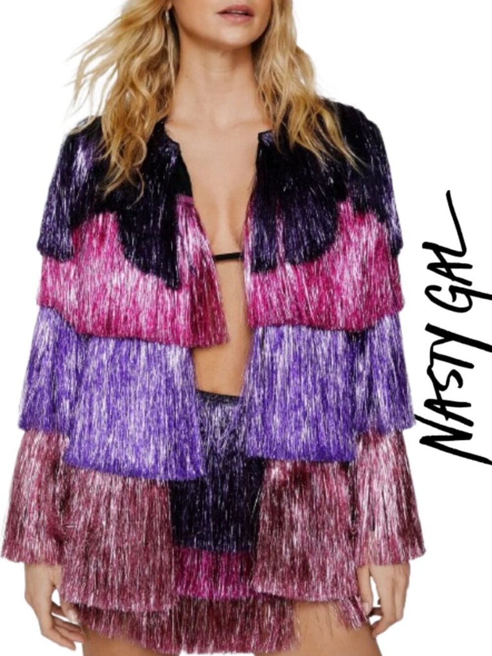 Nasty Gal Metallic Tiered Tinsel Fringe Open Front Jacket Pink Size 6